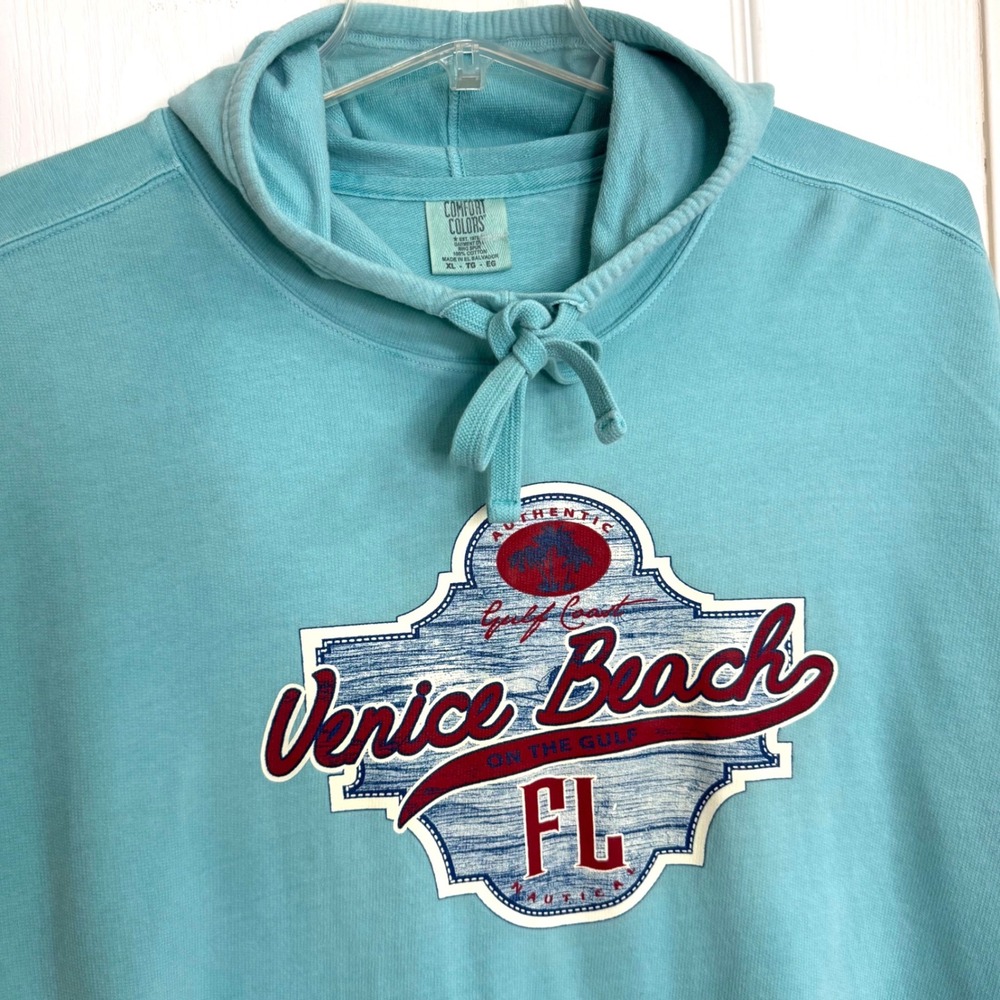 Coastal Venice Beach FL Graphic Hoodie Turquoise Cotton Comfort Colors XL Womens